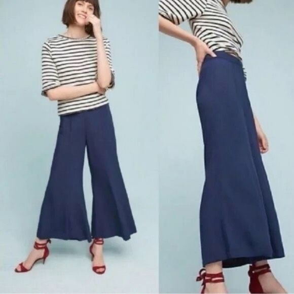 ✨Maeve Canna Culotte Wide Leg Crop Sz 8 Pants Dark Blue Rayon Side Zipper✨ - Picture 1 of 8